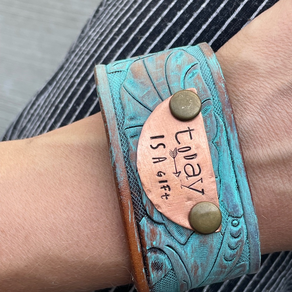 Turquoise and Copper Leather Bracelet